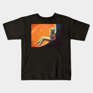 Female Astronaut in the Space, Vintage Style Art Kids T-Shirt